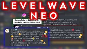 A screenshot with 5 Discord messages, a blurry Discord background and the text "L E V E L W A V E N E O" on top